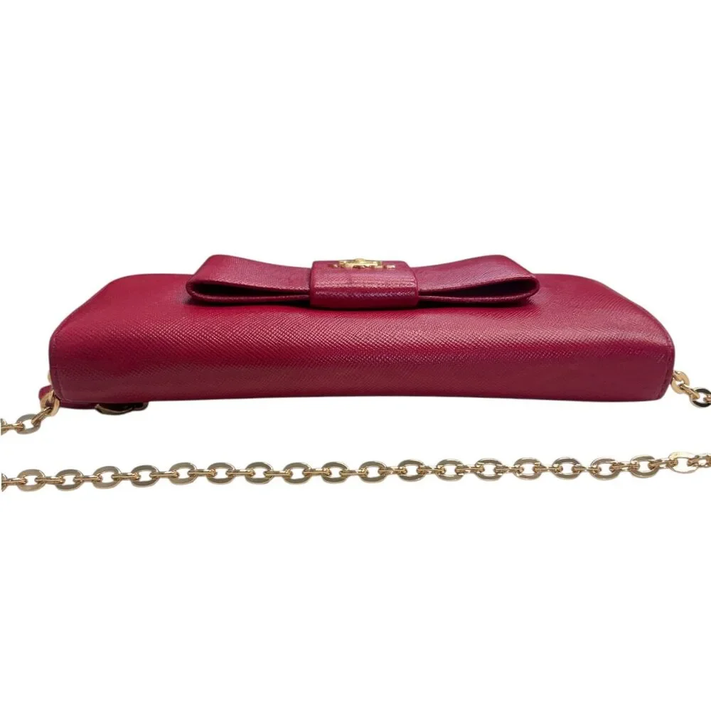 PRADA Magenta Saffiano Leather Bow Wallet with added Chain - Picture 5 of 9